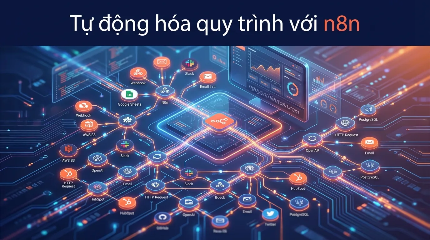 [nguyenthieutoan.com] Giao diện n8n workflow automation với các node kết nối, digital art style với màu tím và xanh gradient, bố cục isometric view, ánh sáng neon glow, không khí công nghệ hiện đại, 16:9 ratio, watermark nguyenthieutoan.com trên dashboard monitor