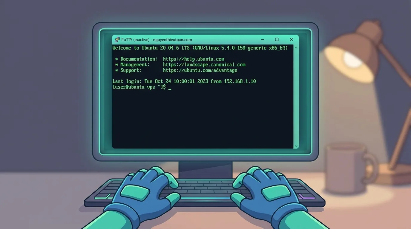 [nguyenthieutoan.com] Giao diện PuTTY khi kết nối SSH thành công đến VPS Ubuntu với terminal hiển thị welcome message và command prompt