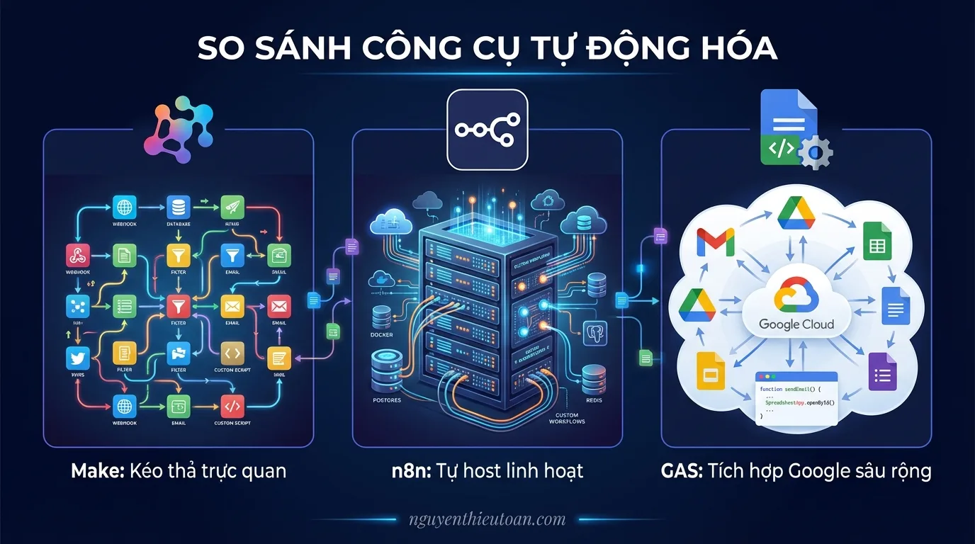 [nguyenthieutoan.com] So sánh tổng quan ba công cụ tự động hóa Make, n8n và Google Apps Script với logo và đặc điểm nổi bật của từng nền tảng, Make với giao diện kéo thả trực quan, n8n với khả năng tự host linh hoạt, Google Apps Script với tích hợp sâu vào hệ sinh thái Google Workspace