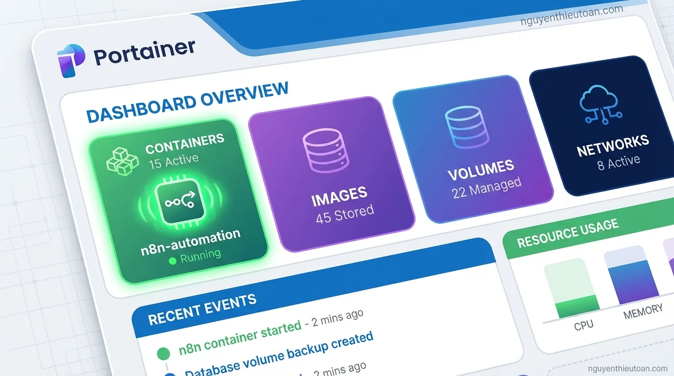 [nguyenthieutoan.com] Dashboard của Portainer hiển thị tổng quan về containers, images, volumes và networks trong Docker