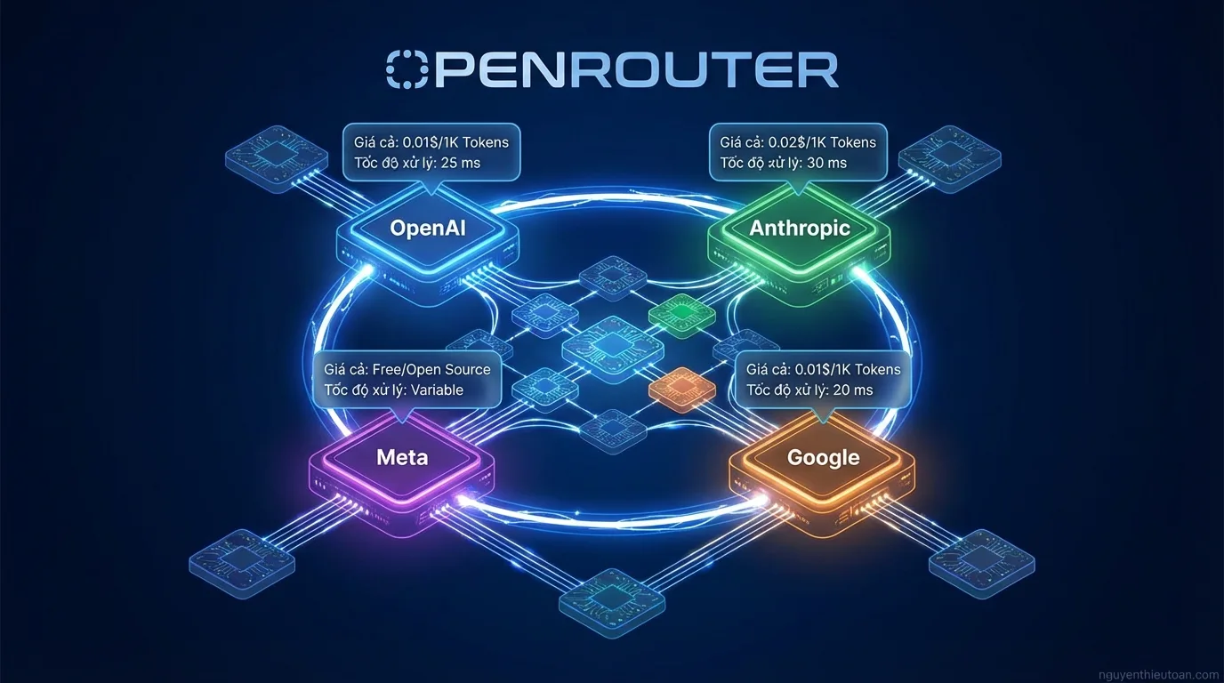 [nguyenthieutoan.com] Giao diện OpenRouter hiển thị danh sách hơn 50 mô hình AI từ các nhà cung cấp khác nhau như OpenAI, Anthropic, Google, Meta với giá cả và tốc độ xử lý của từng mô hình