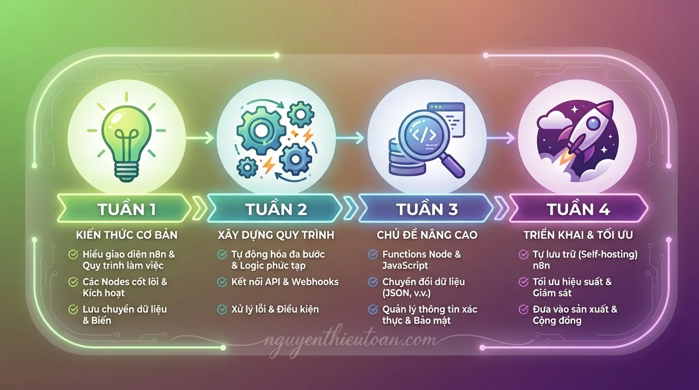 [nguyenthieutoan.com] Lộ trình học n8n 4 tuần với timeline progression từ trái qua phải, mỗi tuần có icon và mô tả ngắn gọn, educational infographic style với màu gradient từ xanh lá sang tím, bố cục horizontal roadmap, ánh sáng warm gradient, không khí inspiring và educational, 16:9 ratio, watermark nguyenthieutoan.com trên progress bar