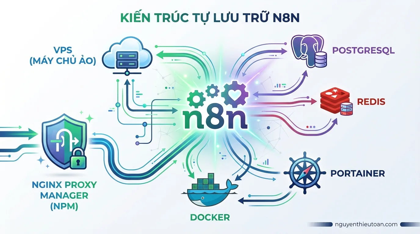 [nguyenthieutoan.com] Kiến trúc hệ thống n8n self-hosted bao gồm VPS, Docker, PostgreSQL, Redis, Nginx Proxy Manager và Portainer