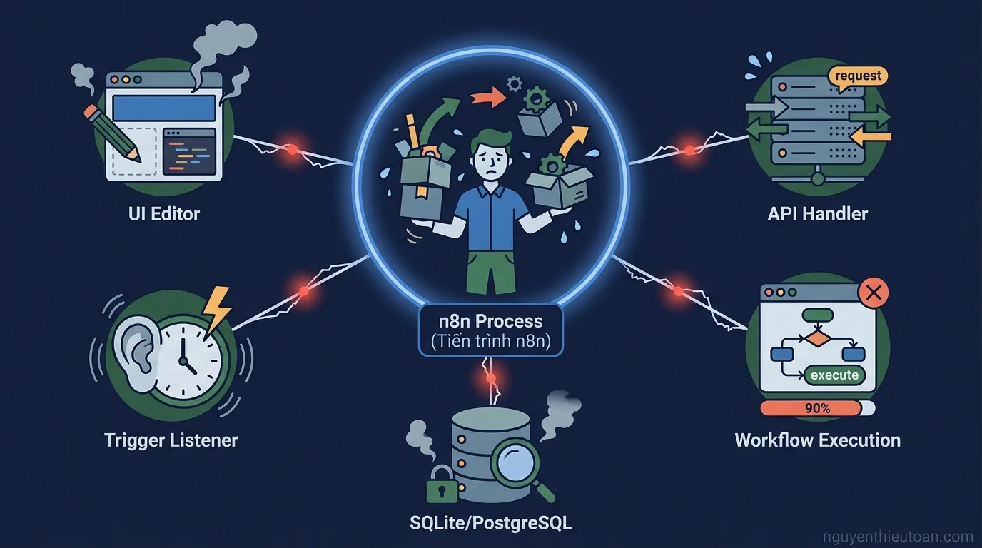 [nguyenthieutoan.com] Sơ đồ minh họa kiến trúc n8n Main Mode với một tiến trình duy nhất n8n process ở giữa được kết nối với database SQLite hoặc PostgreSQL, xung quanh là các icons thể hiện các chức năng UI Editor, API Handler, Trigger Listener và Workflow Execution đều chạy trong cùng một tiến trình duy nhất này tạo ra điểm nghẽn
