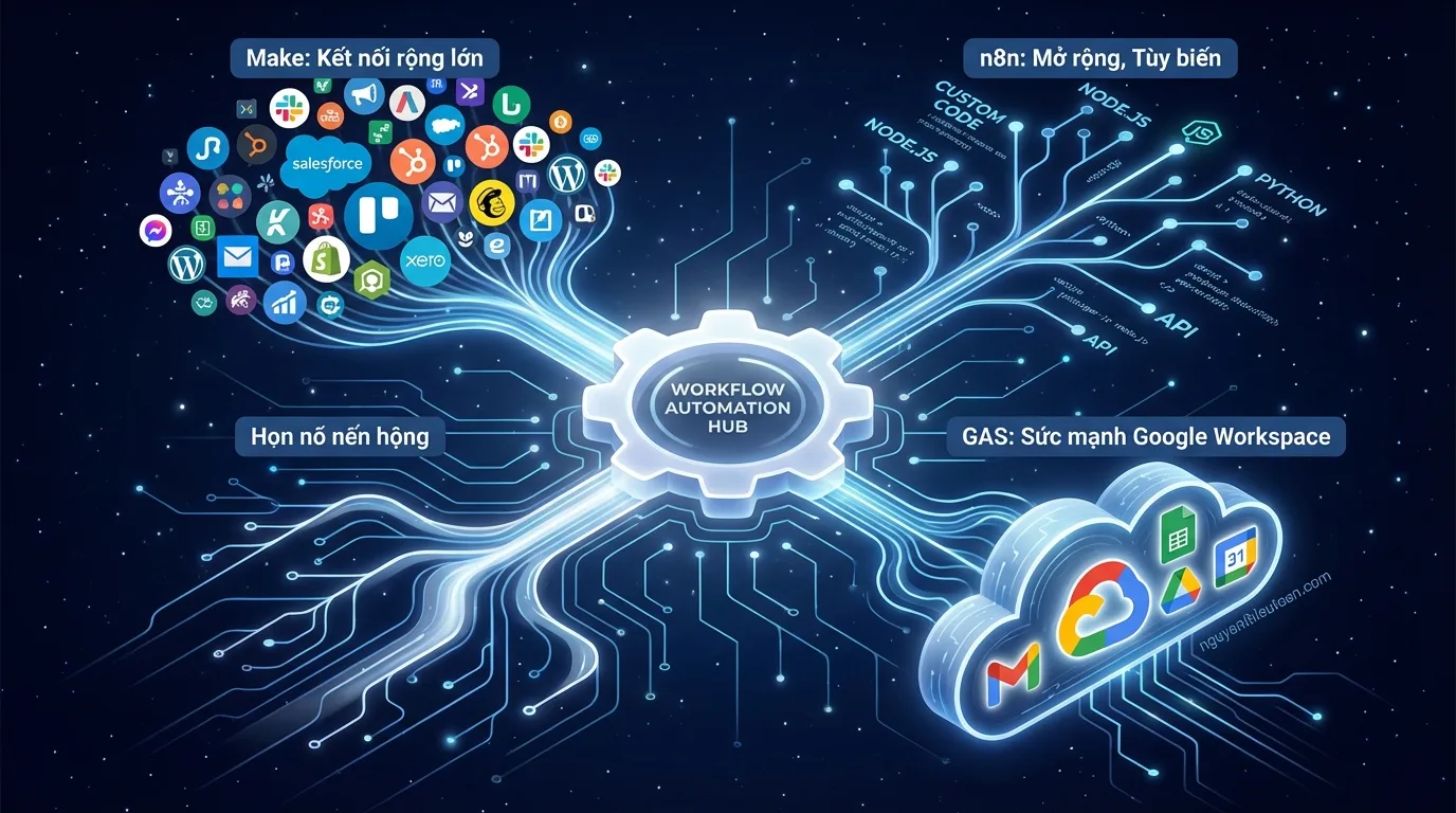 [nguyenthieutoan.com] Biểu đồ ecosystem và khả năng tích hợp của Make với hơn 1000+ ứng dụng, n8n với thư viện integrations đang mở rộng và khả năng tùy chỉnh code JavaScript, Google Apps Script với tích hợp sâu vào Gmail, Google Sheets, Drive, Calendar và các dịch vụ Google Workspace, minh họa điểm mạnh riêng về kết nối của từng công cụ