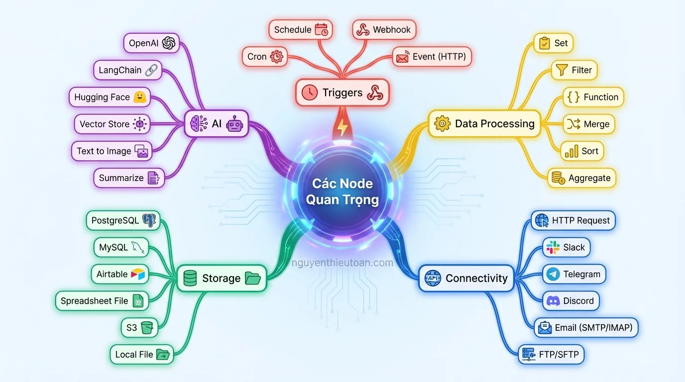 [nguyenthieutoan.com] Sơ đồ các nhóm nodes quan trọng trong n8n được sắp xếp theo 5 danh mục: Triggers, Data Processing, Connectivity, Storage, và AI, mind map style với các nhánh kết nối, màu sắc phân biệt rõ ràng cho từng nhóm, bố cục radial layout, ánh sáng central focus, không khí organized và educational, 16:9 ratio, watermark nguyenthieutoan.com trên central hub