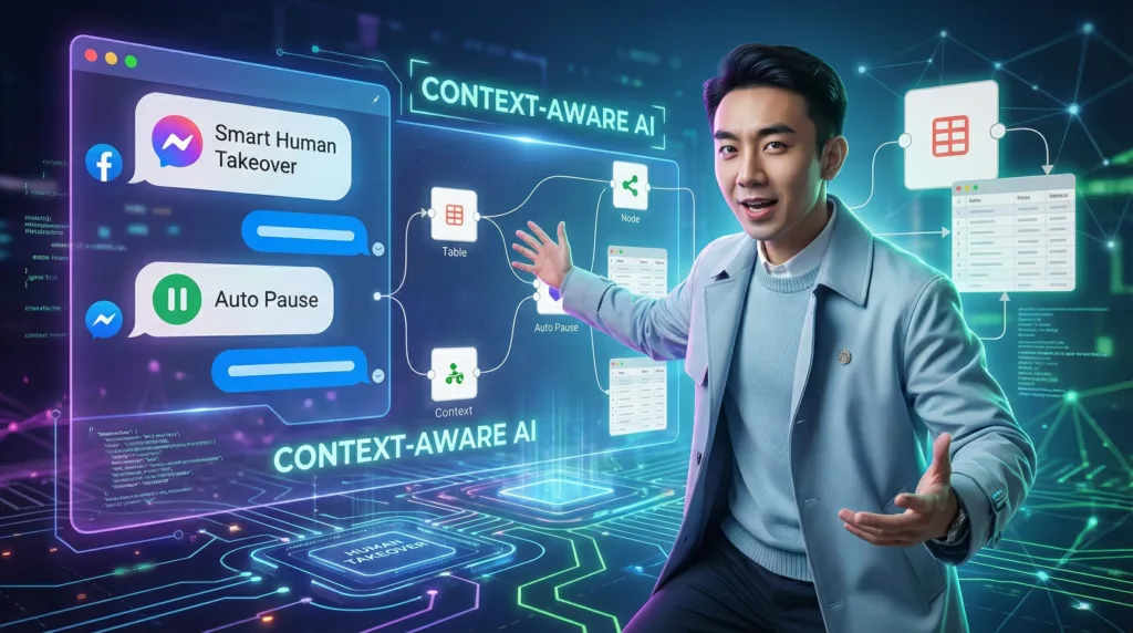 Facebook Messenger Chatbot – Smart Human Takeover, Auto Pause & Context-Aware using n8n Data Table and AI Agent