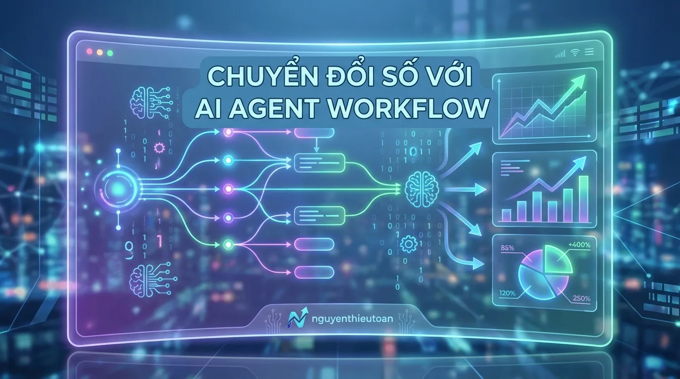 [nguyenthieutoan.com] Dashboard hiển thị các workflow automation đang hoạt động với biểu đồ phân tích hiệu suất, thể hiện sự chuyển đổi số của doanh nghiệp với các nền tảng automation hiện đại