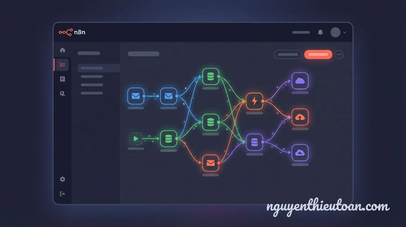 [nguyenthieutoan.com] Giao diện dashboard của n8n với các workflow automation đang hoạt động, hiển thị các node kết nối với nhau tạo thành quy trình tự động hóa