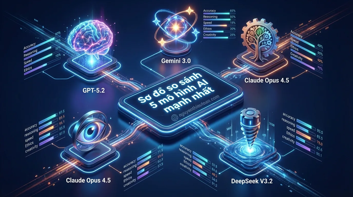 [nguyenthieutoan.com] Sơ đồ so sánh 5 mô hình AI mạnh nhất cuối năm 2025: GPT-5.2, Gemini 3.0, Claude Opus 4.5, Grok 4.1 và DeepSeek V3.2 với các biểu tượng đại diện cho từng provider