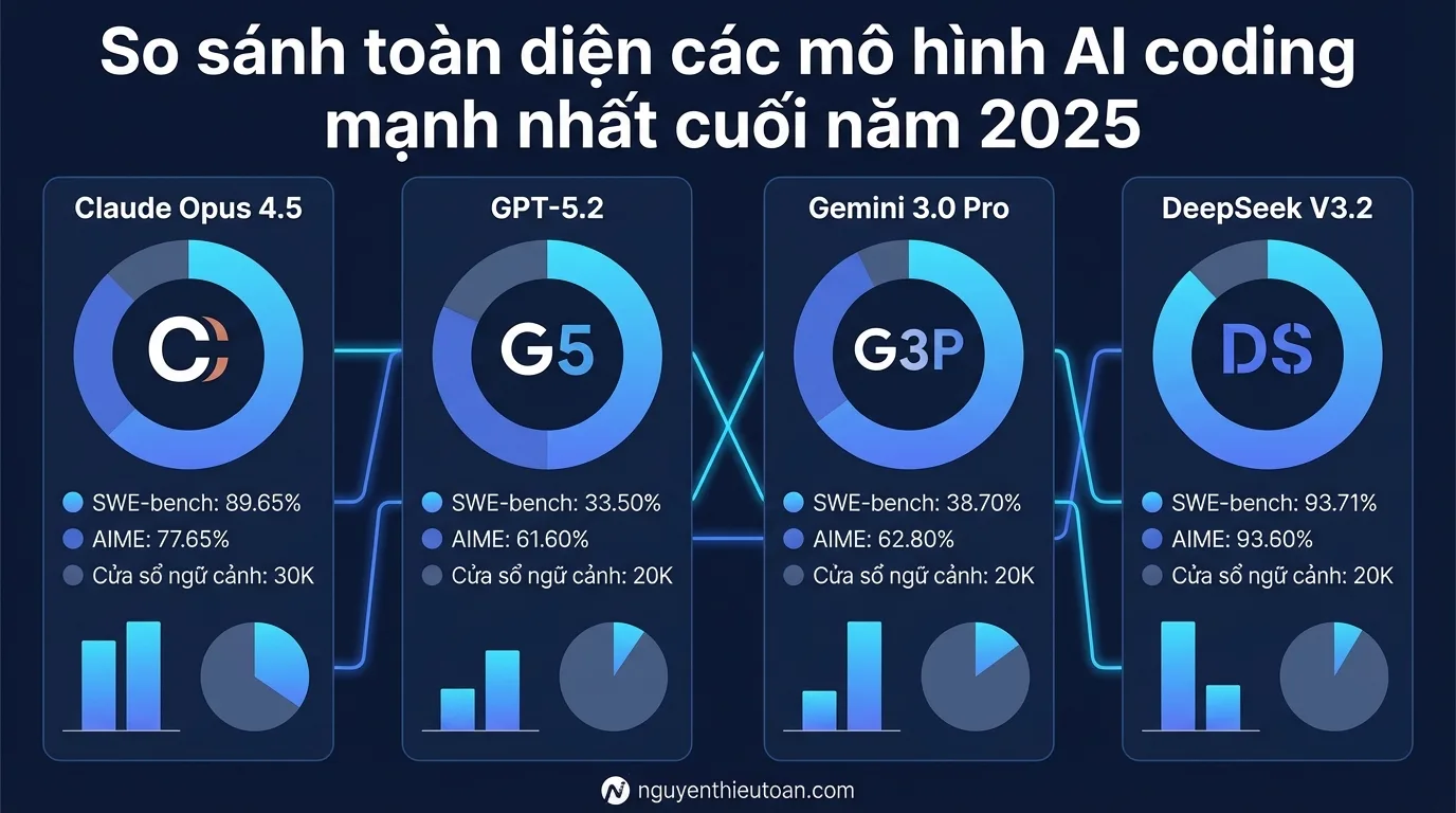 [nguyenthieutoan.com] So sánh toàn diện các mô hình AI coding mạnh nhất cuối năm 2025, bao gồm Claude Opus 4.5, GPT-5.2, Gemini 3.0 Pro, và DeepSeek V3.2