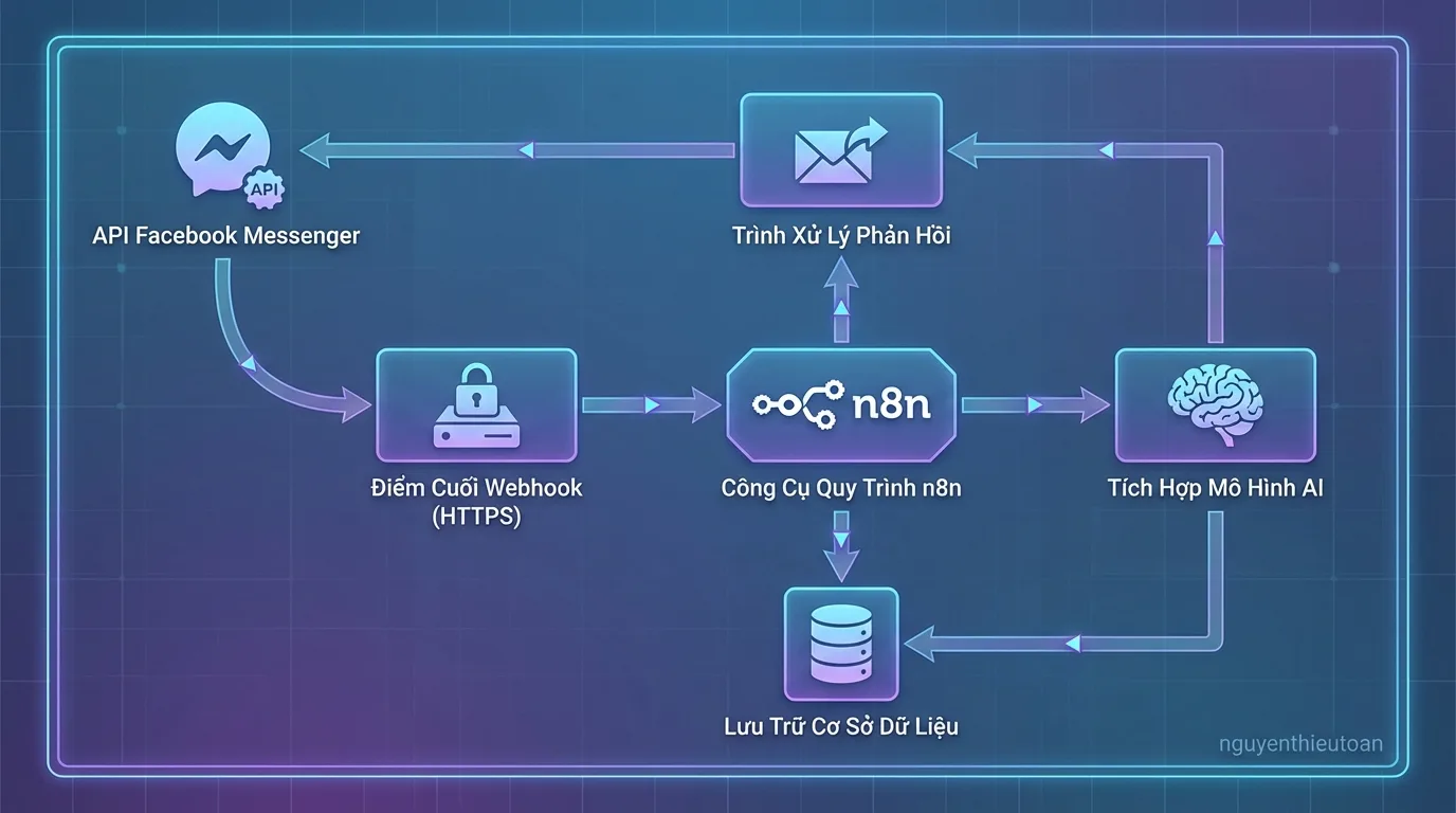 [nguyenthieutoan.com] Kiến trúc hệ thống chatbot Facebook Messenger với n8n bao gồm các thành phần: Facebook Messenger API, Webhook endpoint với HTTPS, n8n workflow processing engine, AI model integration, database storage và response handler
