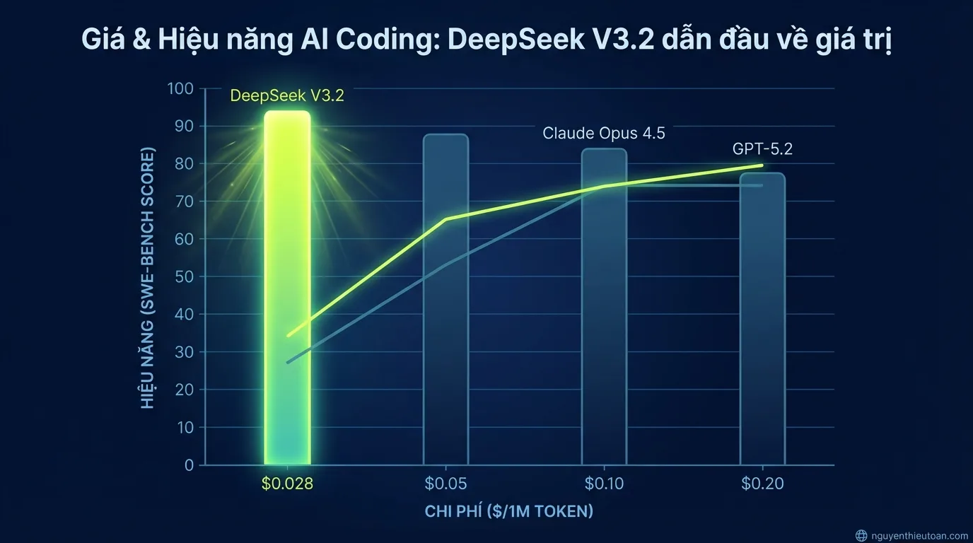 [nguyenthieutoan.com] Biểu đồ so sánh giá và hiệu năng của các mô hình AI coding, cho thấy DeepSeek V3.2 dẫn đầu về tỷ lệ giá trị với chi phí thấp nhất