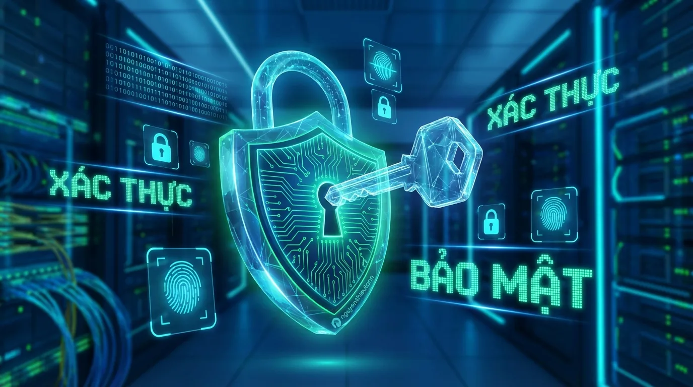 [nguyenthieutoan.com] Minh họa về API Key với các icon khóa và shield bảo mật, thể hiện vai trò xác thực và bảo vệ quyền truy cập vào hệ thống AI