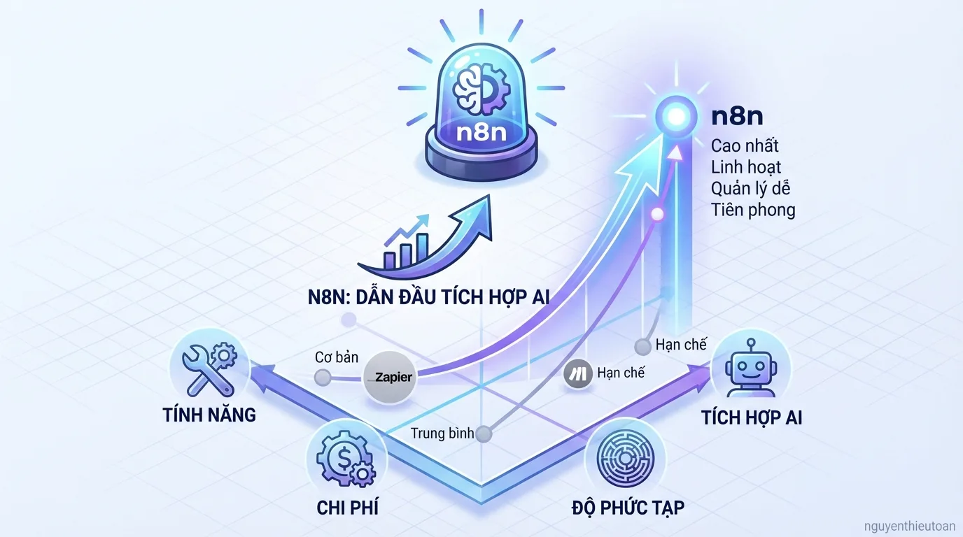 [nguyenthieutoan.com] Biểu đồ so sánh các nền tảng automation với các trục đánh giá về tính năng, chi phí, độ phức tạp và khả năng tích hợp AI, cho thấy n8n dẫn đầu về tính linh hoạt và tích hợp AI