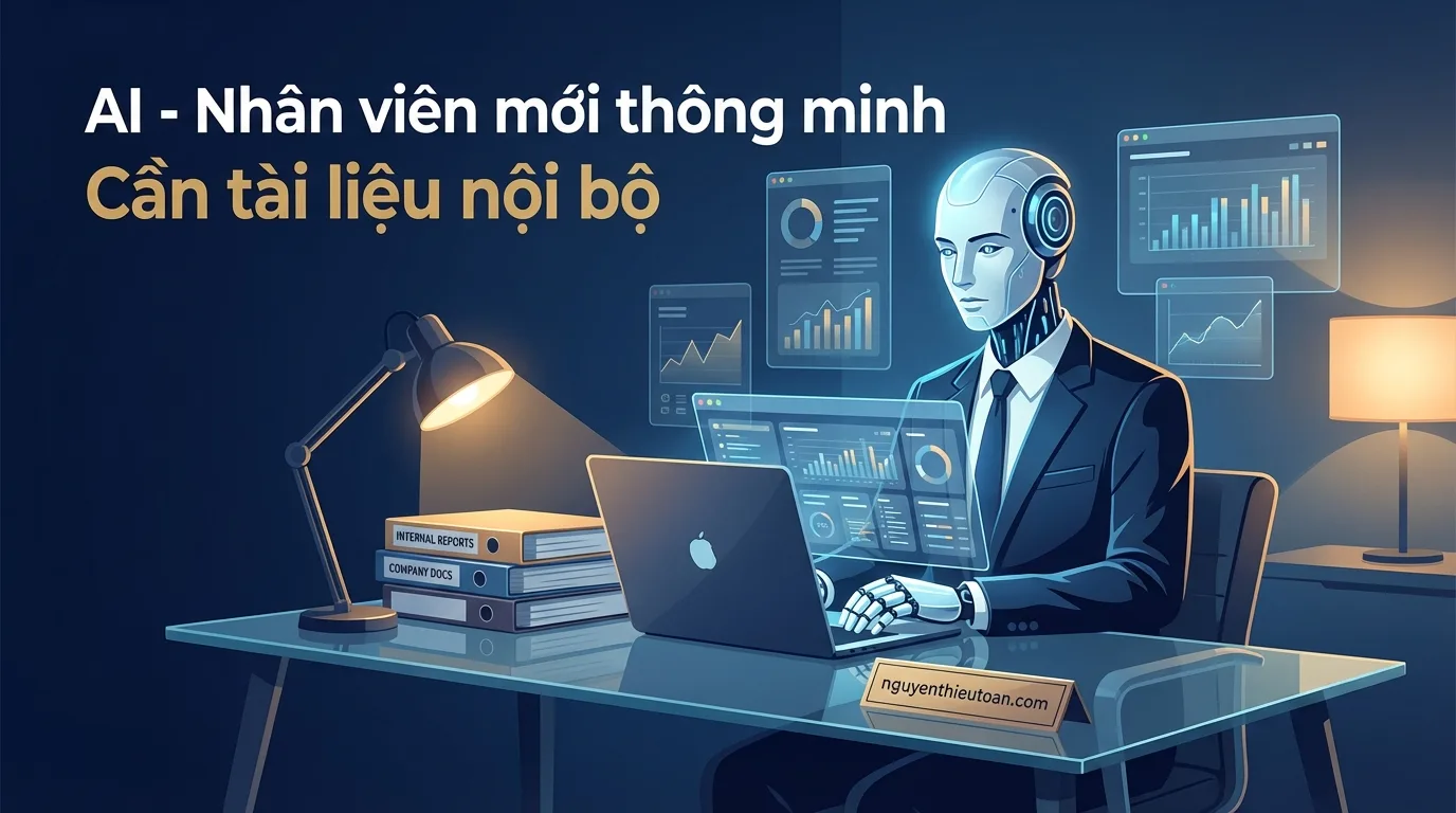 [nguyenthieutoan.com] Hình ảnh minh họa nhân viên mới thông minh đang làm việc với máy tính và tài liệu, thể hiện AI như một nhân viên tài năng cần được cung cấp thông tin