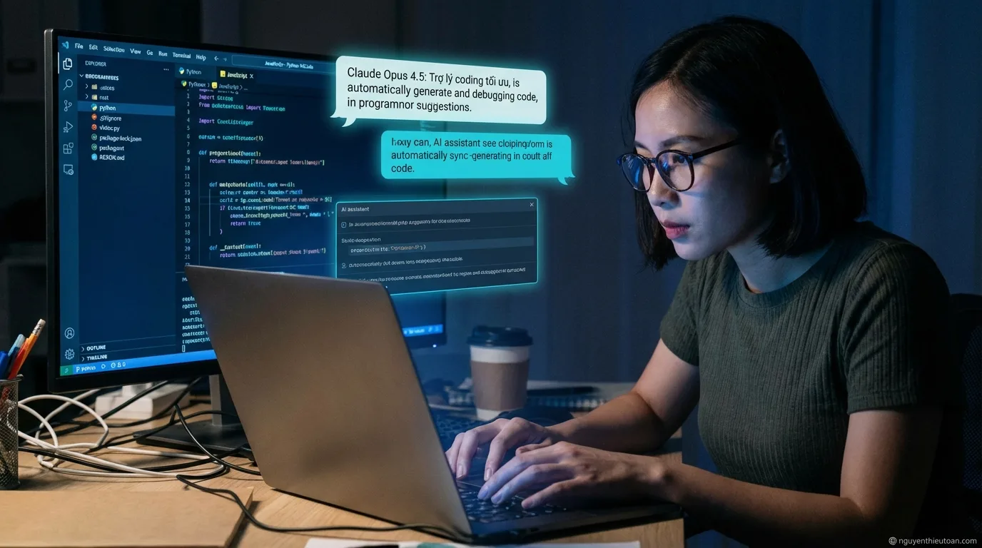 [nguyenthieutoan.com] Developer đang sử dụng AI coding assistant trên màn hình laptop, cho thấy code được tự động hoàn thiện và debug bởi Claude Opus 4.5