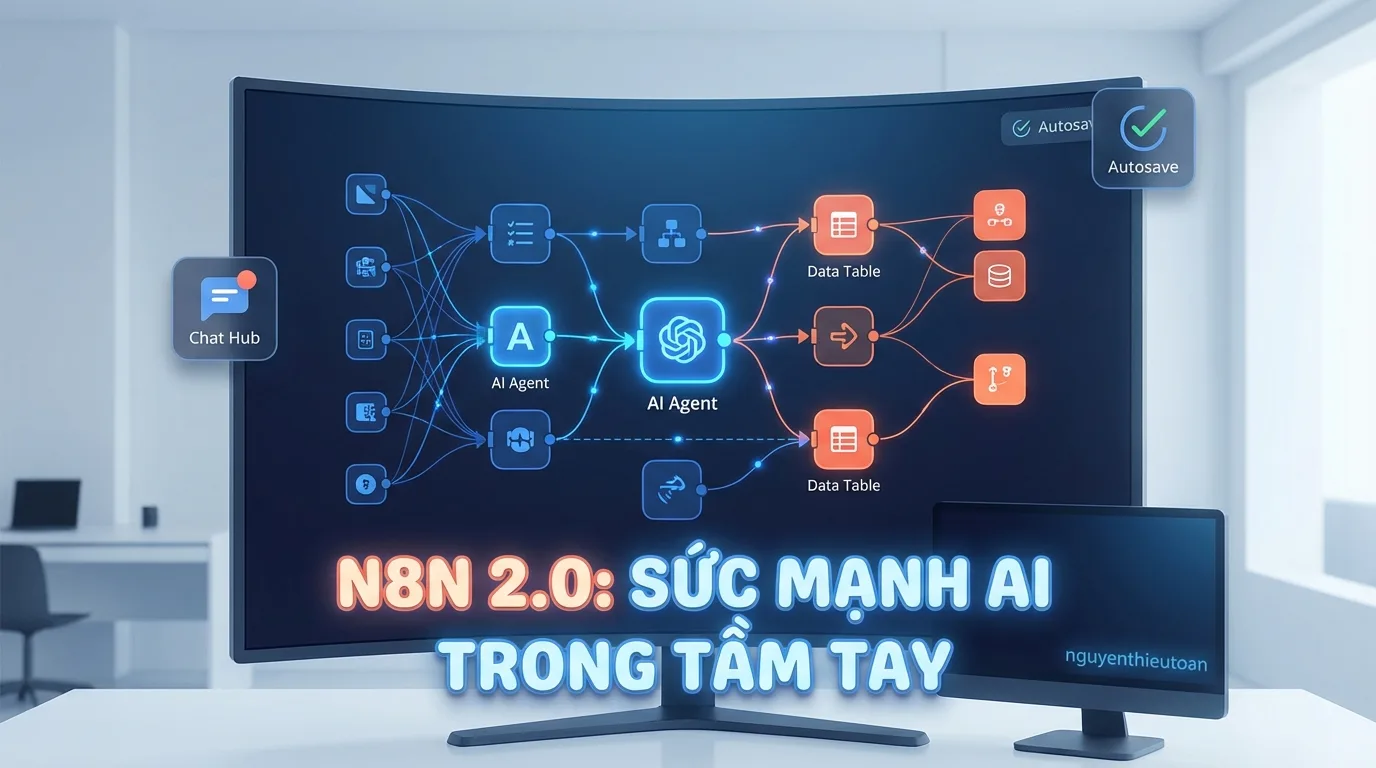[nguyenthieutoan.com] Giao diện n8n phiên bản 2.0 với canvas hiện đại, hiển thị workflow phức tạp với nhiều node AI Agent, Data Table và các tính năng mới như autosave và chat hub