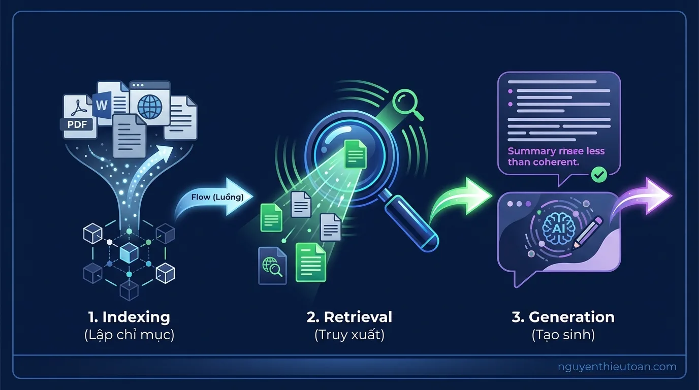 [nguyenthieutoan.com] Sơ đồ minh họa ba bước hoạt động của RAG gồm Indexing (lập chỉ mục tài liệu), Retrieval (truy xuất thông tin), và Generation (tạo sinh câu trả lời), được thể hiện qua các biểu đồ và mũi tên kết nối