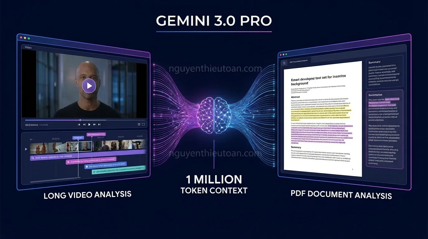 [nguyenthieutoan.com] Gemini 3.0 Pro đang phân tích một video dài và tài liệu PDF đồng thời, thể hiện khả năng multimodal với context 1 triệu tokens