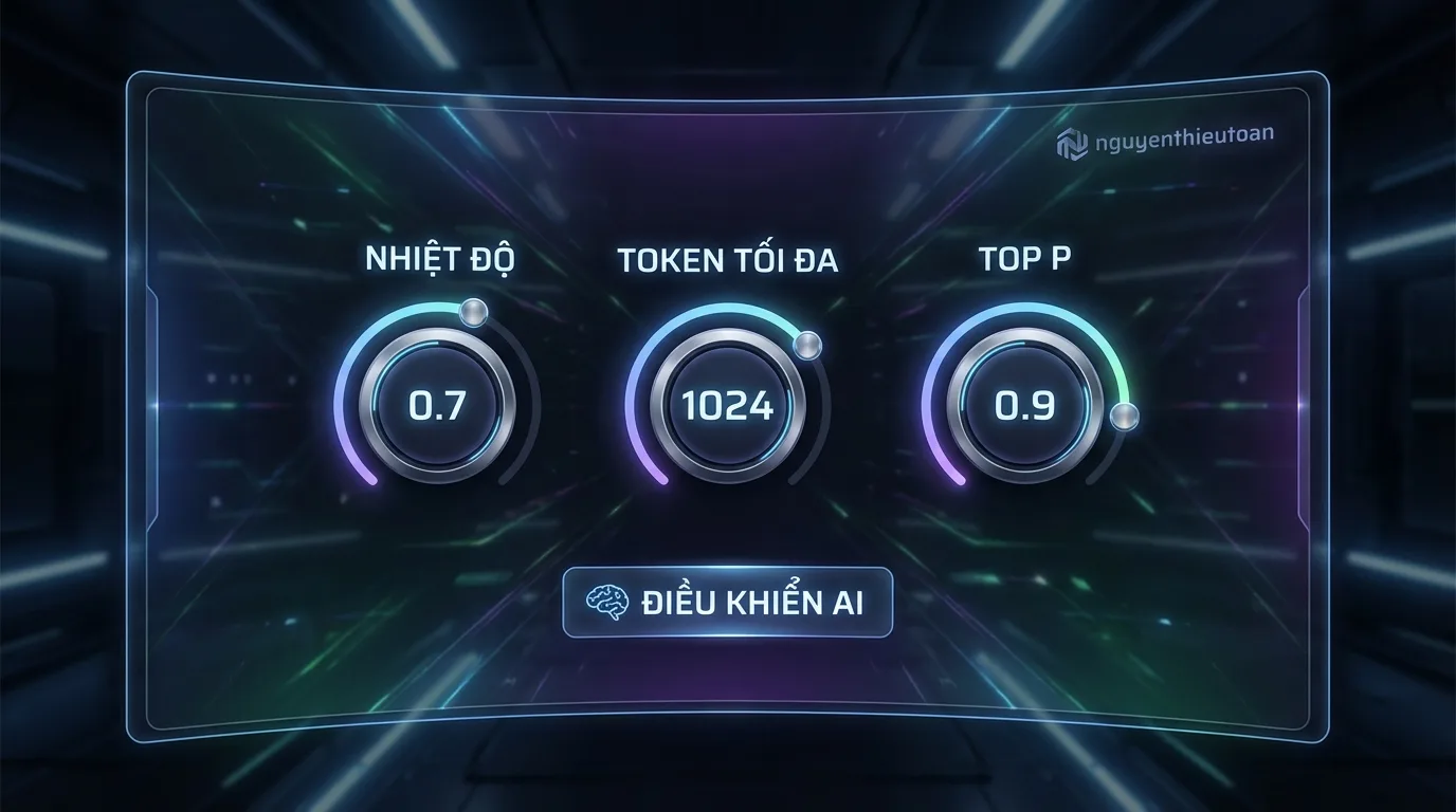 [nguyenthieutoan.com] Giao diện bảng điều khiển các tham số API như temperature, max_tokens, top_p với các thanh trượt và nút điều chỉnh trực quan