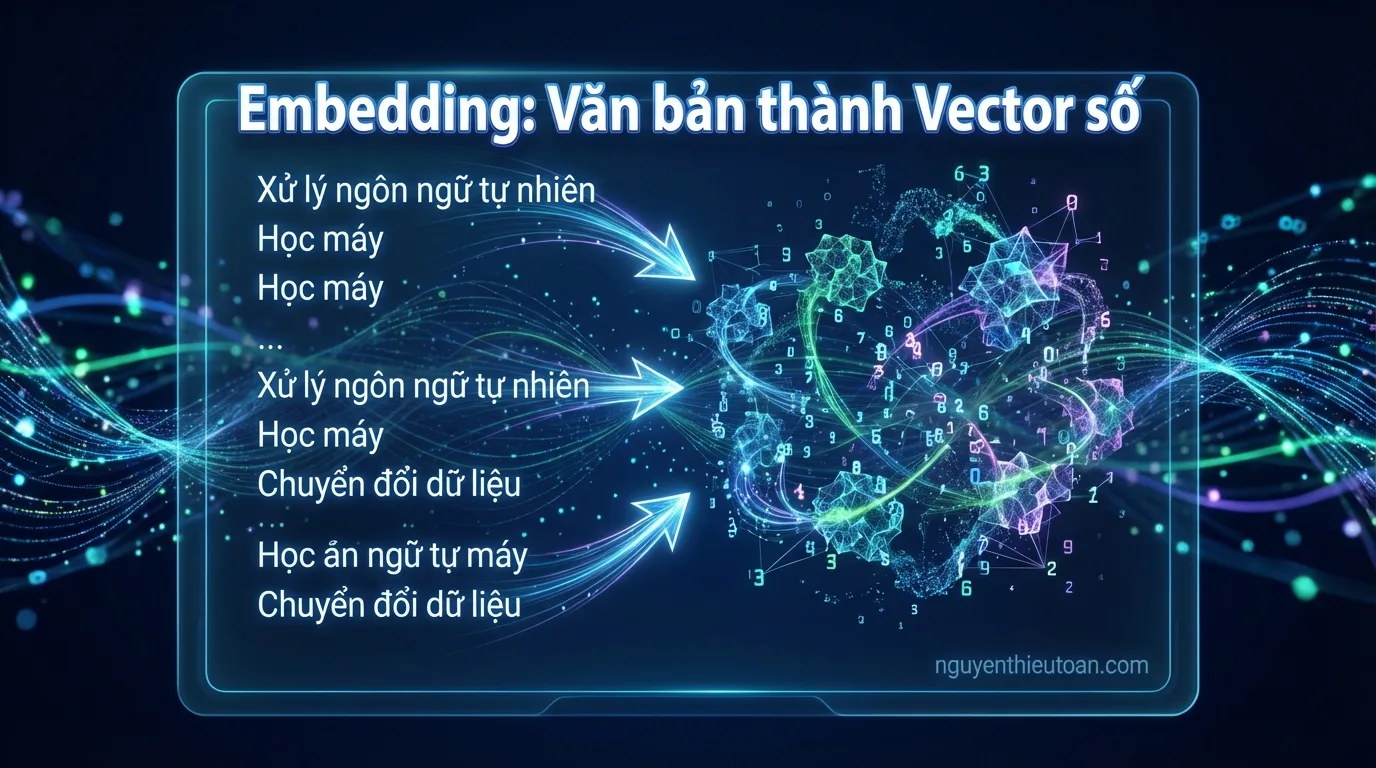 [nguyenthieutoan.com] Hình ảnh minh họa quá trình Embedding - chuyển đổi văn bản thành các vector số, được thể hiện qua các con số và mũi tên trên màn hình máy tính, các điểm dữ liệu được sắp xếp trong không gian nhiều chiều