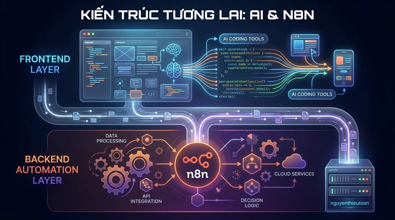 [nguyenthieutoan.com] Sơ đồ kiến trúc hệ thống hiện đại kết hợp frontend được tạo bằng AI coding tools và backend automation được xử lý bởi n8n, thể hiện sự tích hợp giữa hai công nghệ