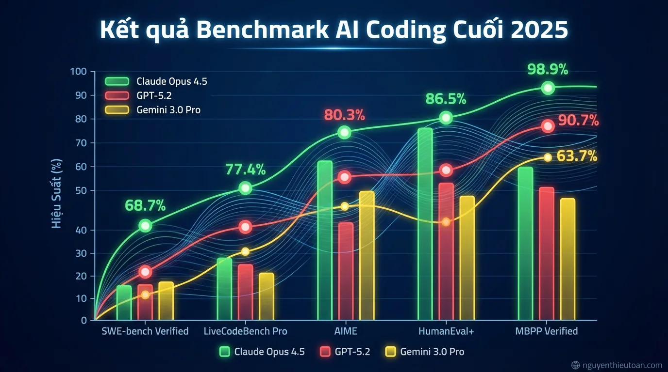 [nguyenthieutoan.com] Biểu đồ benchmark cho thấy kết quả của Claude Opus 4.5, GPT-5.2, Gemini 3.0 Pro trên các test case coding khác nhau