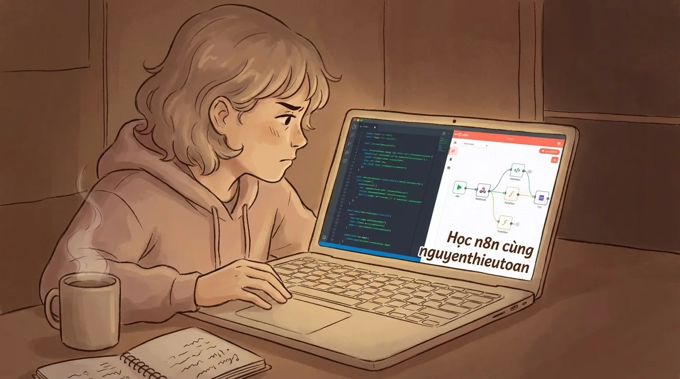 [nguyenthieutoan.com] Một người đang làm việc với máy tính, màn hình hiển thị code và workflow automation, thể hiện quá trình học và thực hành n8n
