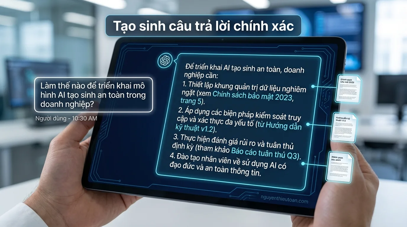 [nguyenthieutoan.com] Hình ảnh minh họa bước Generation - AI đang tạo sinh câu trả lời từ thông tin đã truy xuất, được thể hiện qua giao diện chatbot hoặc màn hình hiển thị văn bản được tạo ra