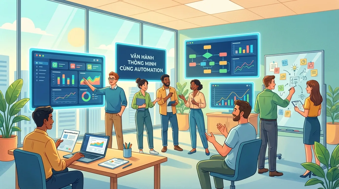 [nguyenthieutoan.com] Một team đang làm việc với nhiều màn hình hiển thị dashboard, workflow automation và biểu đồ dữ liệu, thể hiện môi trường làm việc hiện đại với automation toàn diện