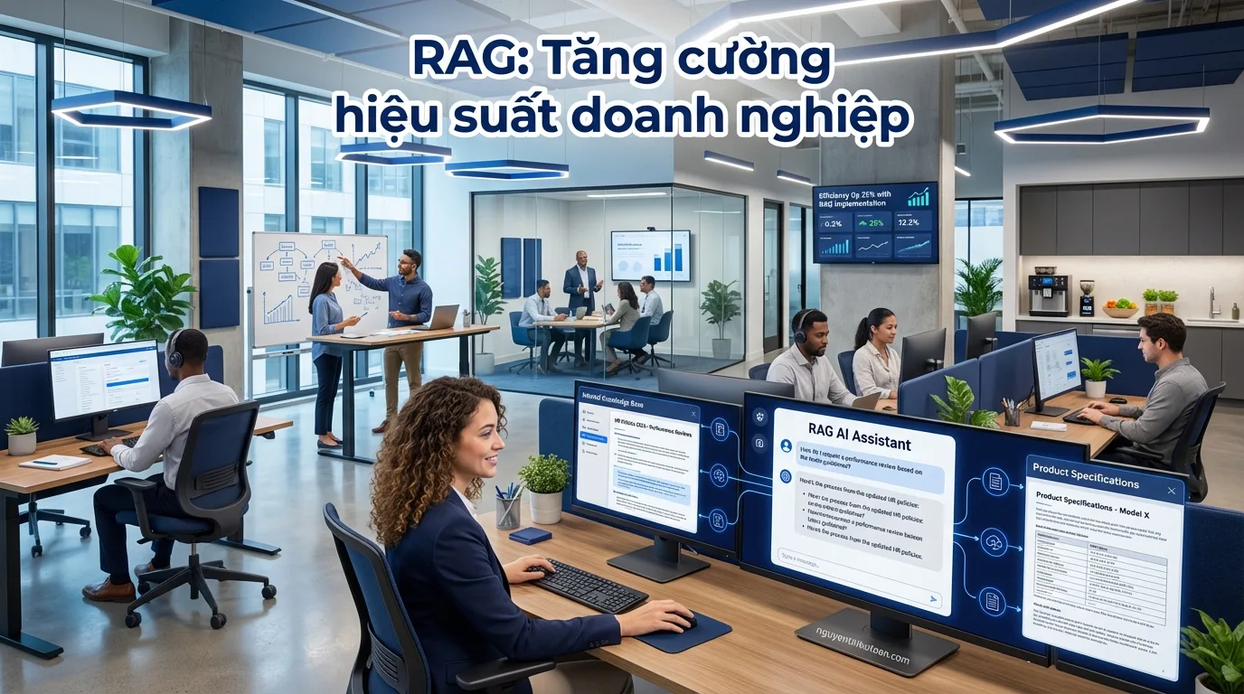 [nguyenthieutoan.com] Hình ảnh minh họa ứng dụng RAG trong doanh nghiệp - một văn phòng hiện đại với nhân viên đang sử dụng chatbot AI trên máy tính, màn hình hiển thị giao diện chat và tài liệu