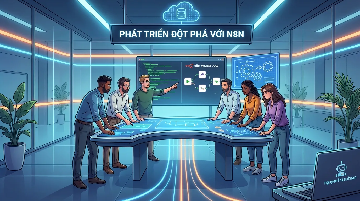 [nguyenthieutoan.com] Một team developers đang họp bàn và làm việc với các màn hình hiển thị code, workflow và kiến trúc hệ thống, thể hiện môi trường làm việc công nghệ cao với automation