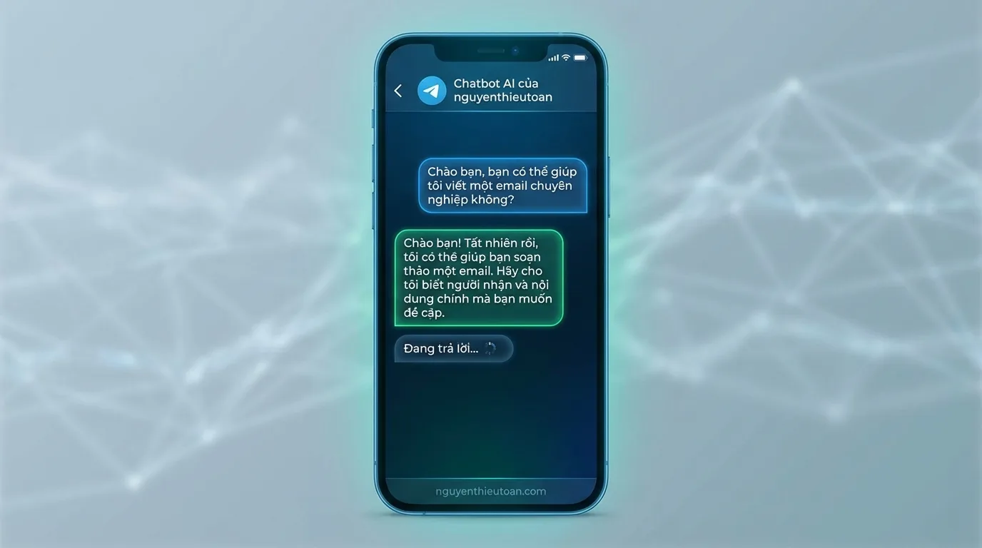 [nguyenthieutoan.com] Giao diện Telegram trên điện thoại di động với một cuộc trò chuyện chatbot AI, thể hiện các tin nhắn tự động và phản hồi thông minh