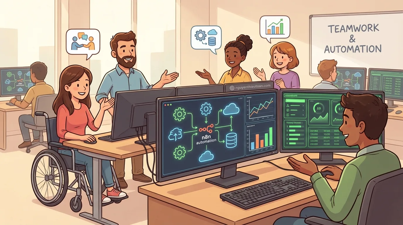 [nguyenthieutoan.com] Dashboard hiển thị nhiều workflow n8n đang chạy với các metrics như execution time, success rate, và resource usage, thể hiện việc monitoring và optimize performance