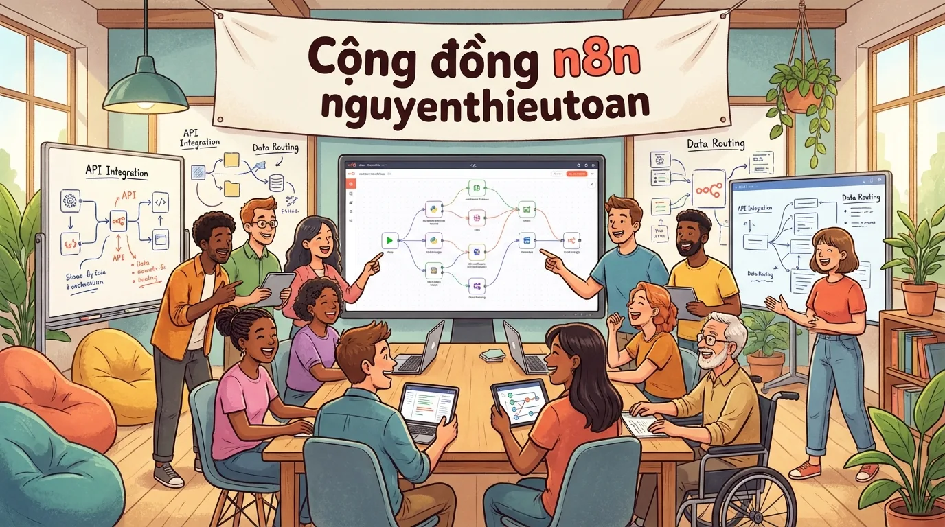 [nguyenthieutoan.com] Một nhóm người đang làm việc cùng nhau với máy tính, thể hiện tinh thần hợp tác và học hỏi trong cộng đồng automation và n8n
