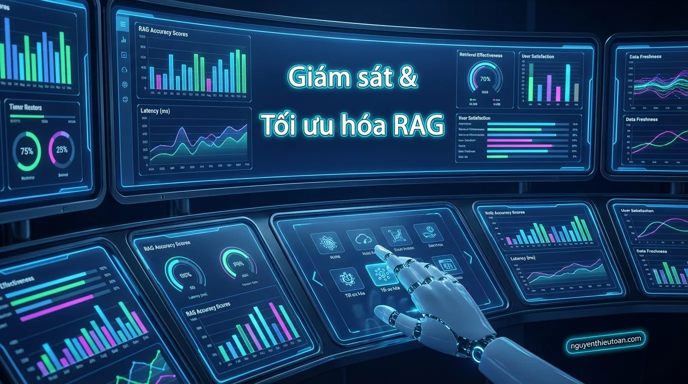 [nguyenthieutoan.com] Hình ảnh minh họa giám sát và tối ưu hóa hệ thống RAG - dashboard với các biểu đồ hiệu suất, metrics và analytics được hiển thị trên màn hình