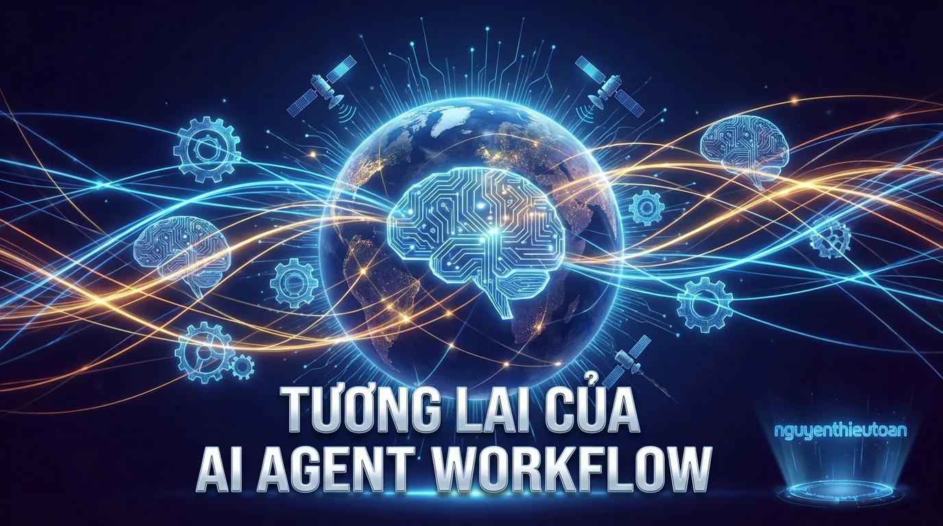 [nguyenthieutoan.com] Hình ảnh tương lai công nghệ với các mạng lưới kết nối toàn cầu, AI, và automation, thể hiện xu hướng phát triển của workflow automation và AI Agent trong những năm tới
