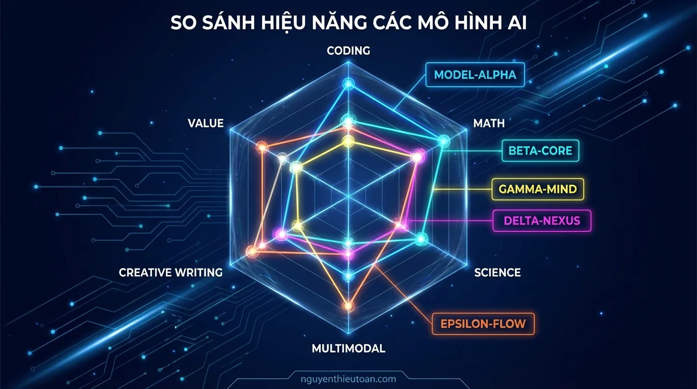 [nguyenthieutoan.com] Biểu đồ radar so sánh 5 mô hình AI trên các tiêu chí: Coding, Math, Science, Multimodal, Creative Writing và Value