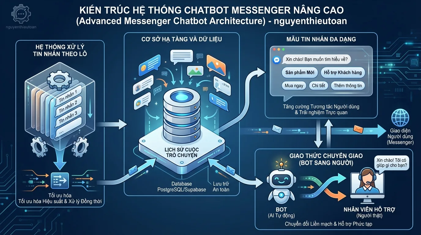 [nguyenthieutoan.com] Sơ đồ kiến trúc các tính năng nâng cao của Facebook Messenger chatbot bao gồm Message Batching system, Database conversation history với PostgreSQL/Supabase, Rich message templates với Quick Replies và Buttons, và Handover Protocol để chuyển đổi giữa bot và human agent