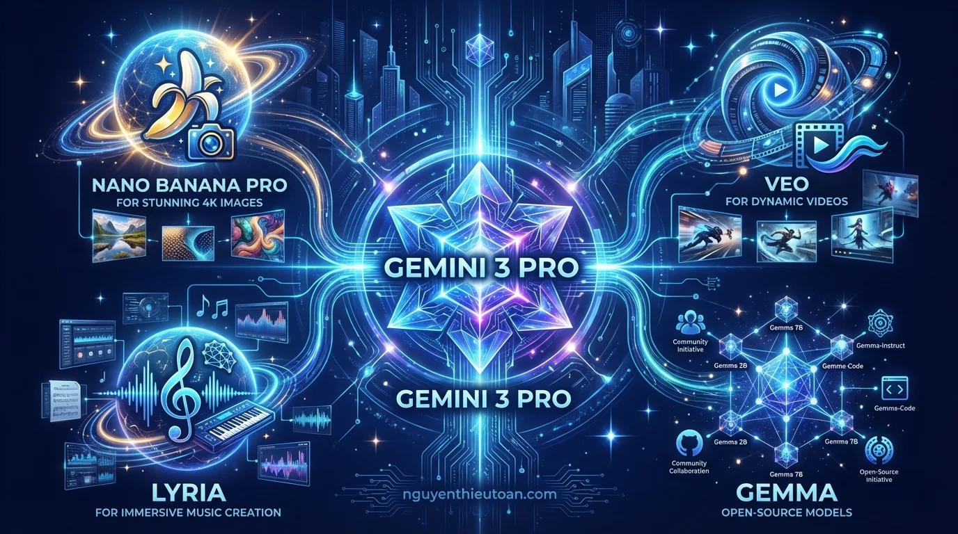 [nguyenthieutoan.com] Sơ đồ tổng quan về hệ sinh thái Google AI năm 2026 với Gemini 3 Pro dẫn đầu, bao gồm các mô hình chuyên dụng Nano Banana Pro cho tạo ảnh, Veo cho video và Lyria cho âm nhạc, cùng họ mô hình mã nguồn mở Gemma