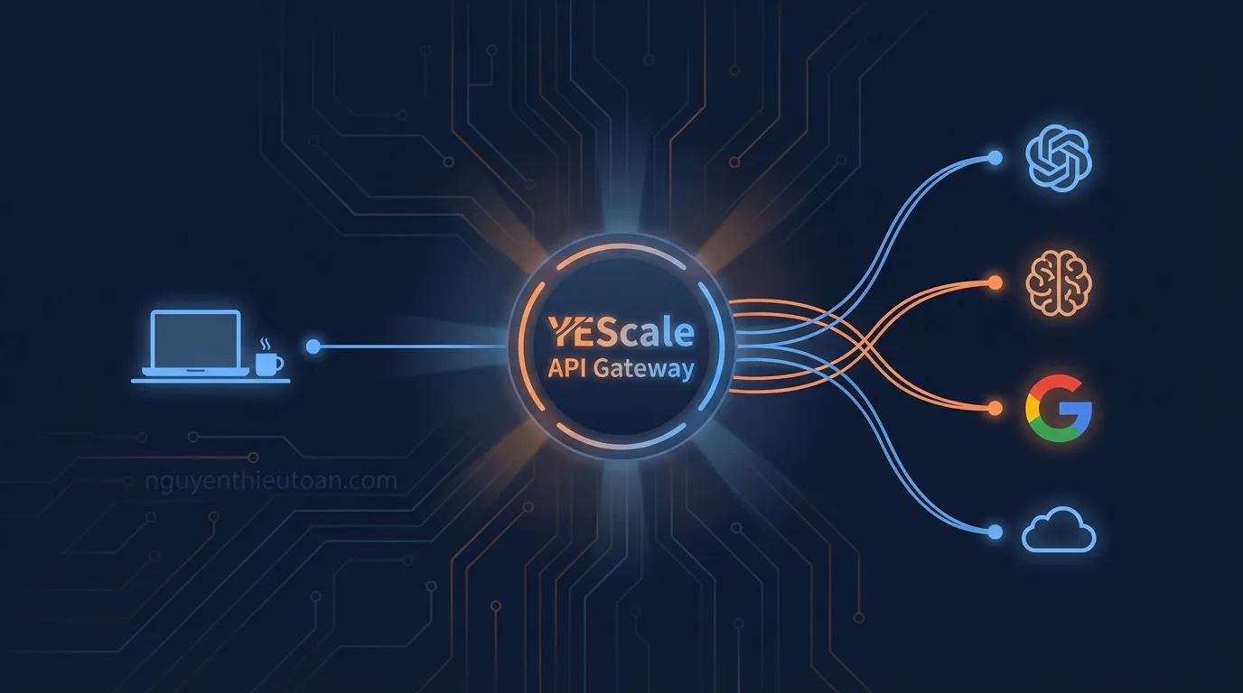 [nguyenthieutoan.com] Minh họa về kiến trúc API gateway của YEScale, cho phép kết nối với nhiều nhà cung cấp AI khác nhau thông qua một endpoint duy nhất, tối ưu hóa chi phí và hiệu suất