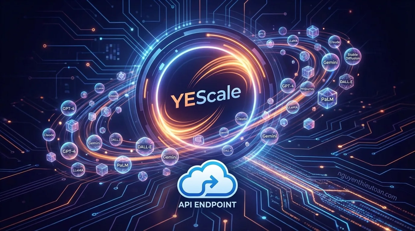 [nguyenthieutoan.com] Sơ đồ minh họa cách YEScale kết nối với 100+ mô hình AI khác nhau bao gồm GPT-4, Claude, Gemini, DALL-E, Midjourney thông qua một API endpoint duy nhất, đơn giản hóa việc tích hợp