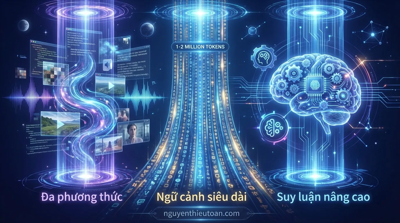 [nguyenthieutoan.com] Sơ đồ ba trụ cột sức mạnh của Gemini 3: Đa phương thức với khả năng xử lý văn bản, hình ảnh, âm thanh và video, ngữ cảnh siêu dài lên đến 1-2 triệu token và suy luận nâng cao với thinking mode