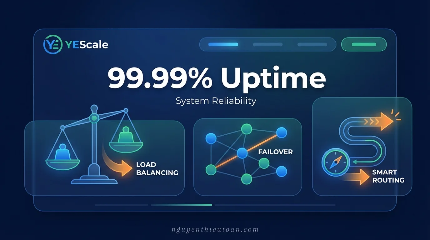 [nguyenthieutoan.com] Dashboard giám sát hiệu năng API với các chỉ số uptime 99.99%, load balancing, failover tự động và smart routing của YEScale, minh họa độ tin cậy cấp enterprise