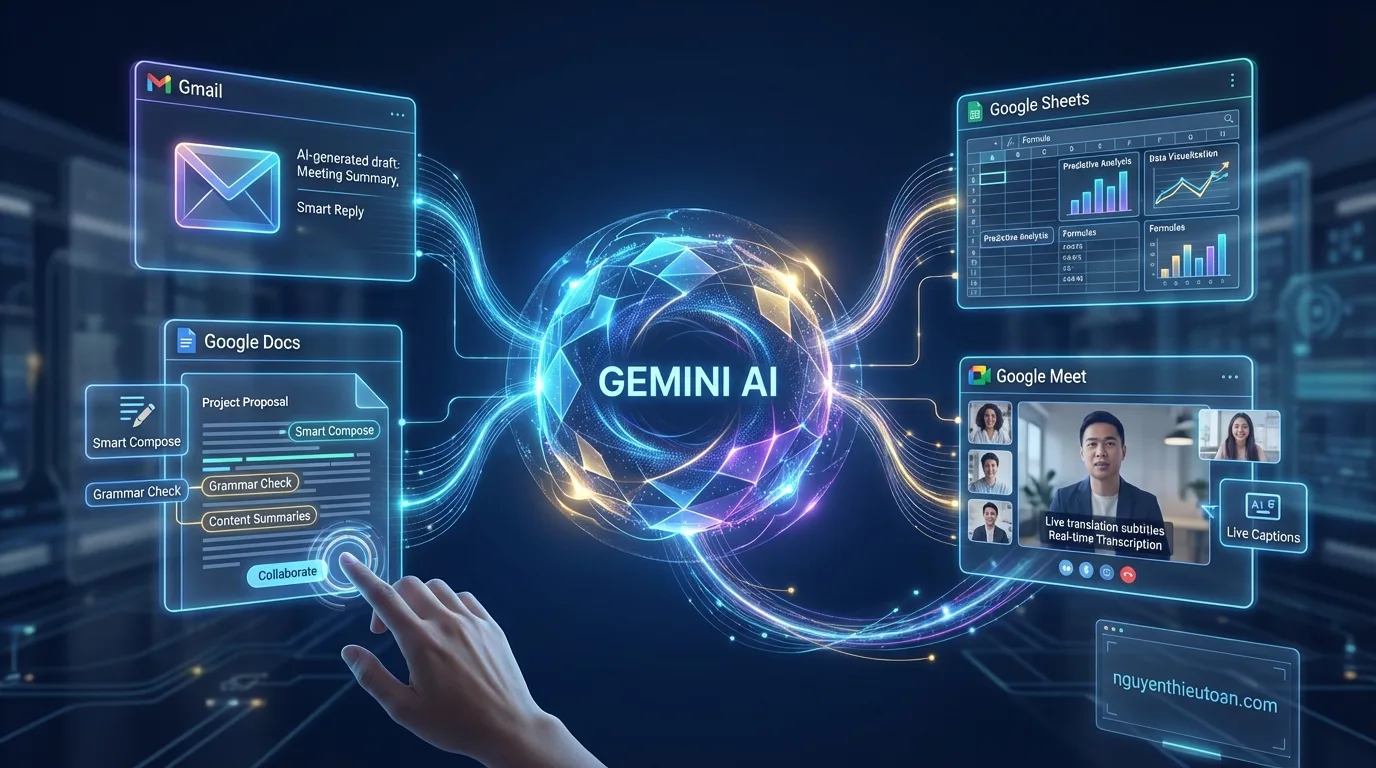 [nguyenthieutoan.com] Sơ đồ tích hợp Gemini vào các ứng dụng Google Workspace như Gmail, Google Docs, Google Sheets và Google Meet để tăng năng suất làm việc