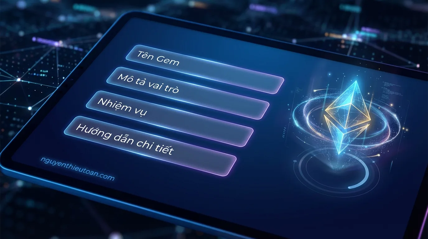 [nguyenthieutoan.com] Giao diện tạo một Gemini Gem mới để cá nhân hóa AI với các trường nhập liệu bao gồm tên Gem, mô tả vai trò, nhiệm vụ và hướng dẫn chi tiết để AI thực hiện đúng yêu cầu