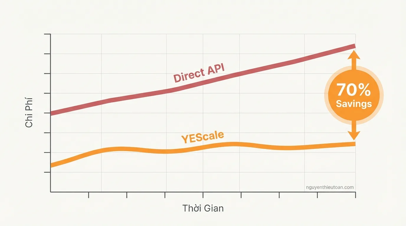 [nguyenthieutoan.com] Biểu đồ so sánh chi phí giữa sử dụng Direct API và YEScale qua thời gian, cho thấy mức tiết kiệm tích lũy lên đến 70% khi sử dụng YEScale cho các dự án quy mô lớn