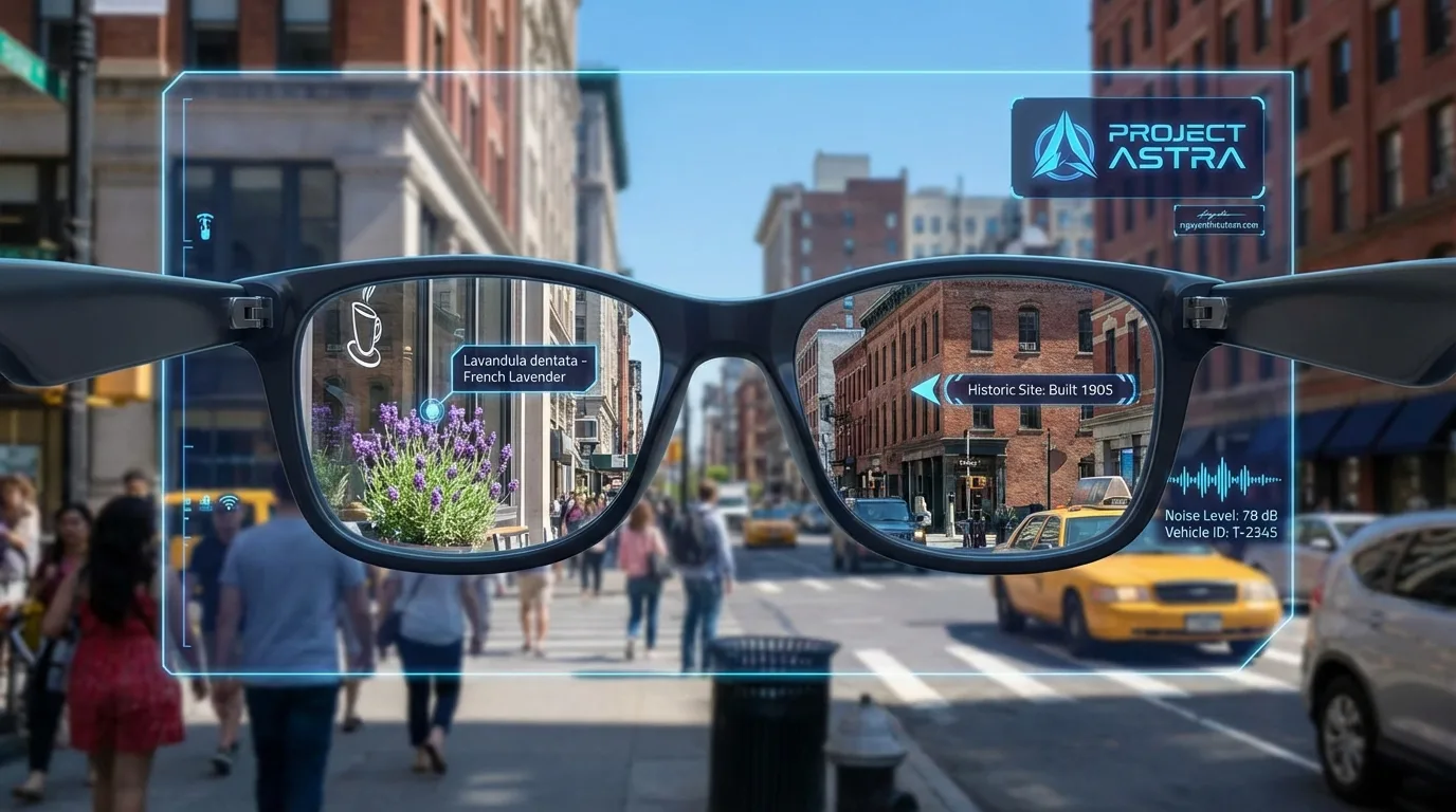 [nguyenthieutoan.com] Minh họa tầm nhìn Project Astra, một trợ lý AI tương tác với thế giới thực thông qua camera và âm thanh, có khả năng nhận diện đối tượng, trả lời câu hỏi về môi trường xung quanh và ghi nhớ ngữ cảnh trong thời gian thực