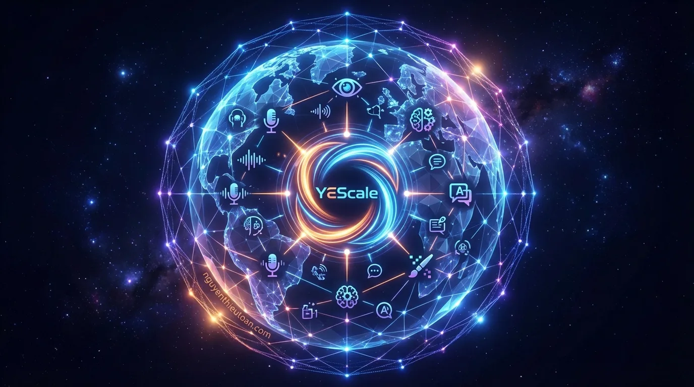 [nguyenthieutoan.com] Minh họa về tương lai của AI Infrastructure với các nền tảng như YEScale kết nối toàn cầu, cung cấp truy cập thống nhất đến hàng trăm mô hình AI khác nhau